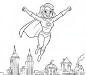 Superbohaterka latająca po niebie, inspirująca i silna, z panoramą miasta poniżej, kolorowanka dla dzieci, czarne kont...