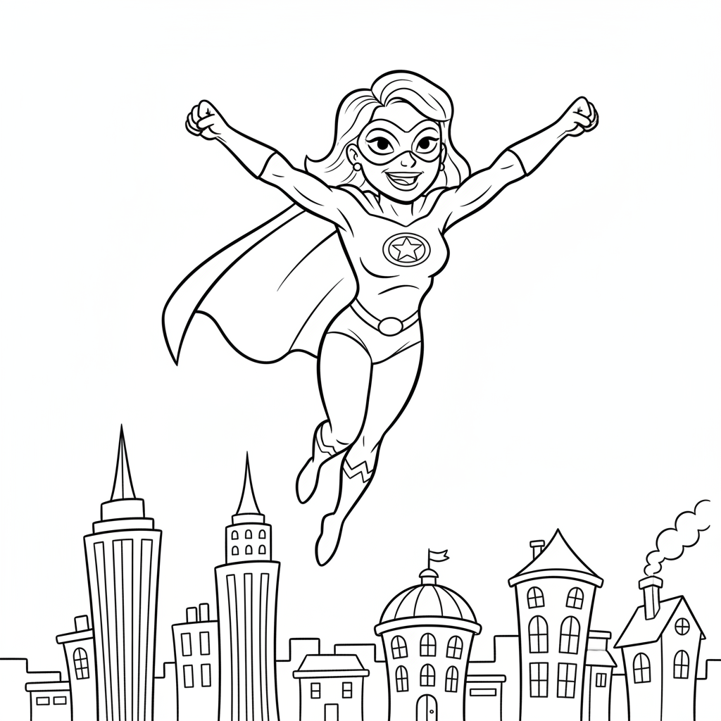 Superbohaterka latająca po niebie, inspirująca i silna, z panoramą miasta poniżej, kolorowanka dla dzieci, czarne kont...