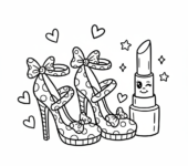 Para szpilek i szminka, symbolizujące elegancję i kobiecość, kolorowanka dla dzieci, czarne kontury, białe tło.