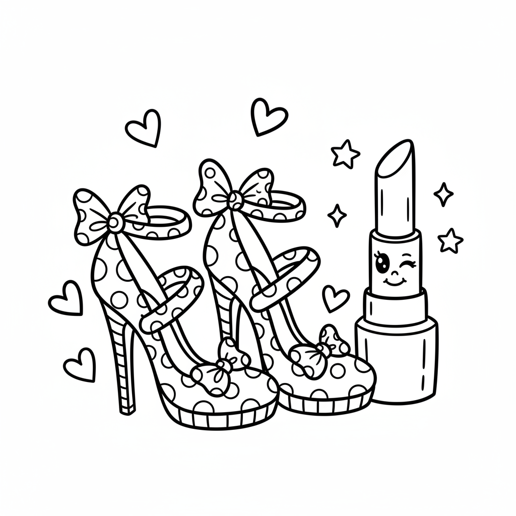 Para szpilek i szminka, symbolizujące elegancję i kobiecość, kolorowanka dla dzieci, czarne kontury, białe tło.