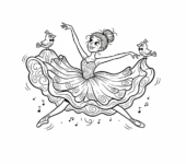 Gracja tancerka w zwiewnej sukni, wykonująca piękny balet, kolorowanka dla dzieci, czarne kontury, białe tło.