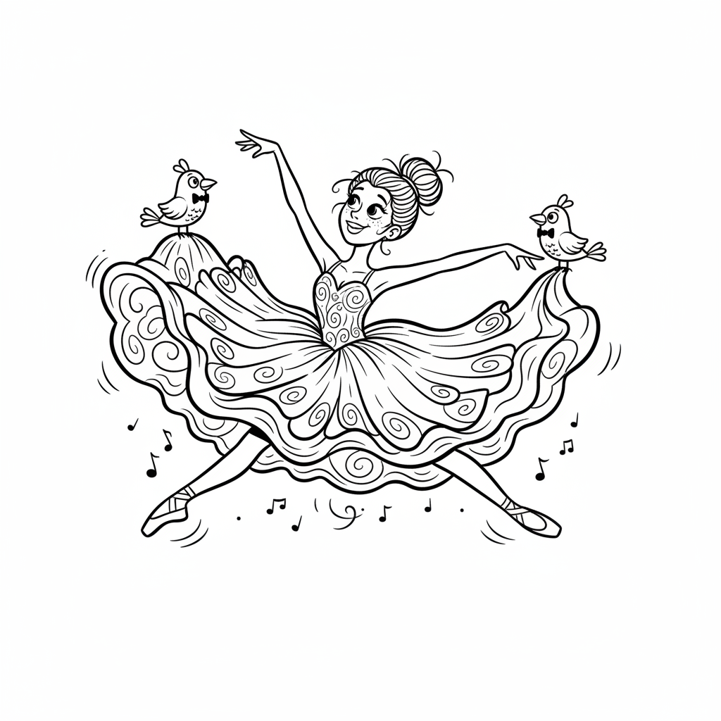 Gracja tancerka w zwiewnej sukni, wykonująca piękny balet, kolorowanka dla dzieci, czarne kontury, białe tło.