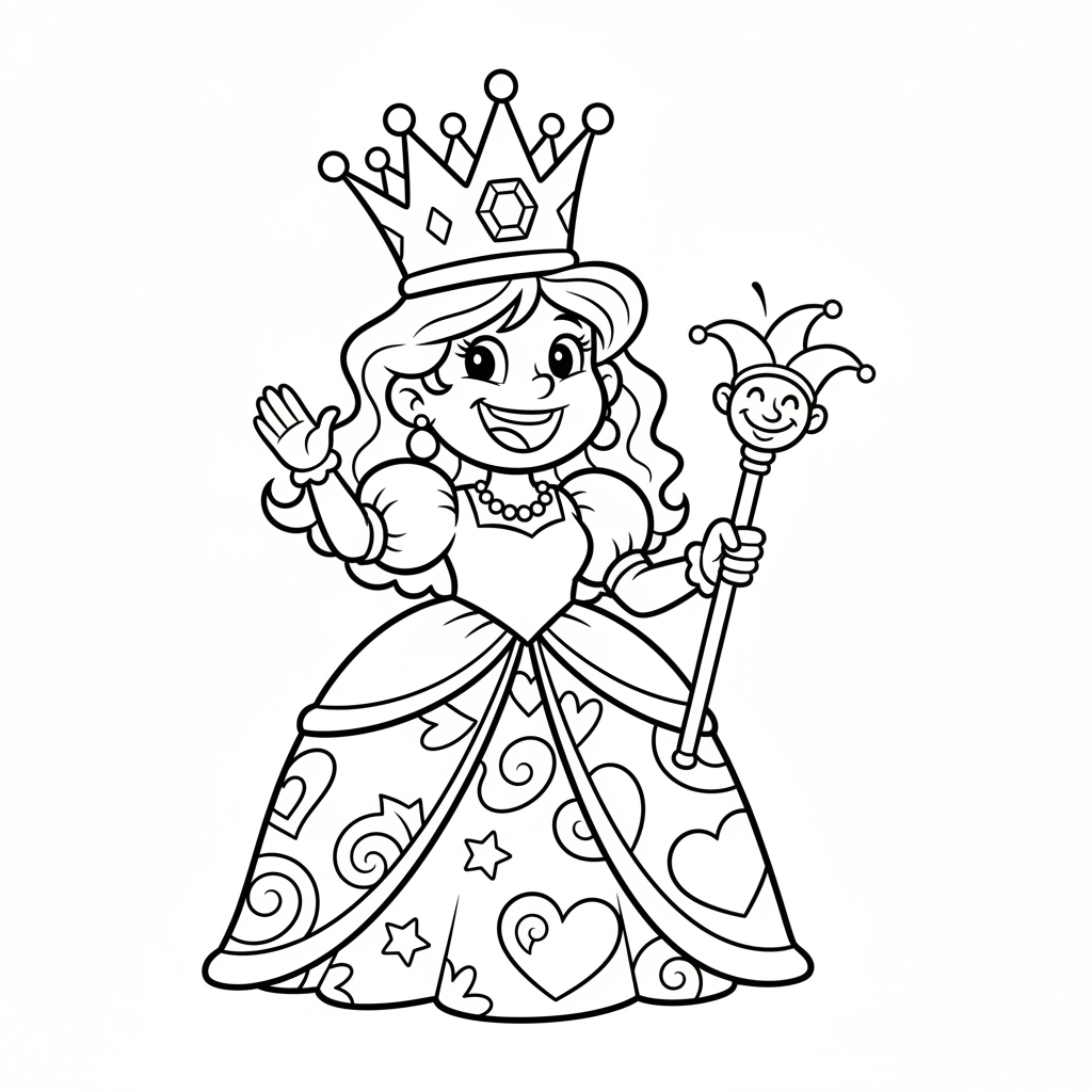 Uśmiechnięta królowa w koronie, z życzliwym wyrazem twarzy, kolorowanka dla dzieci, czarne kontury, białe tło.