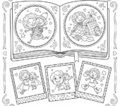 Rodzinny album ze zdjęciami matki i dziecka, symbolizujący cenne wspomnienia, kolorowanka dla dzieci, czarne kontury, bi...