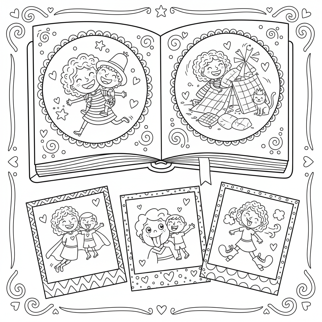 Rodzinny album ze zdjęciami matki i dziecka, symbolizujący cenne wspomnienia, kolorowanka dla dzieci, czarne kontury, bi...