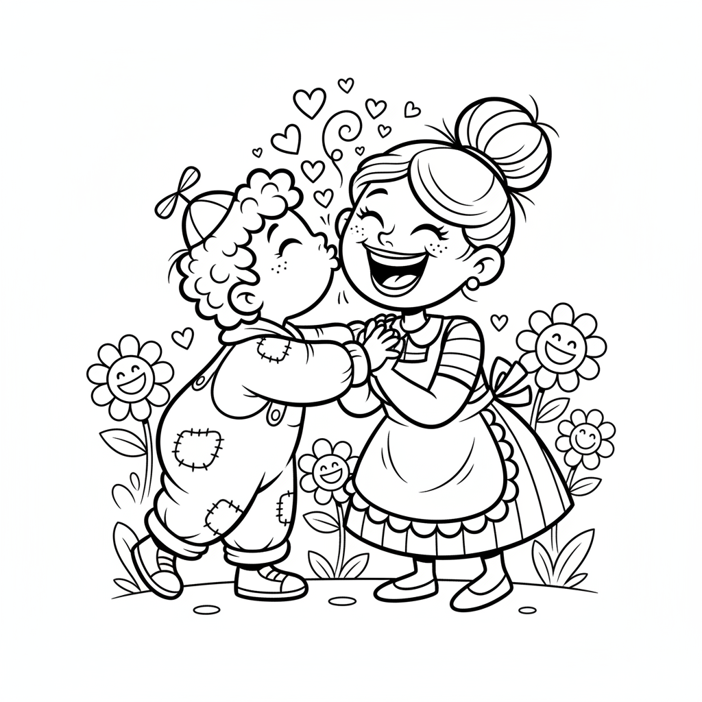 Dziecko dające mamie ciepły pocałunek w policzek, kolorowanka dla dzieci, czarne kontury, białe tło.