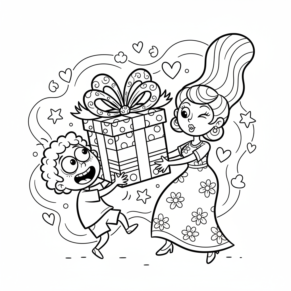 Dziecko wręczające mamie pudełko prezentowe z dużą kokardą, kolorowanka dla dzieci, czarne kontury, białe tło.