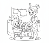 Dziecko pomagające mamie w praniu, niosące kosz ubrań, kolorowanka dla dzieci, czarne kontury, białe tło.