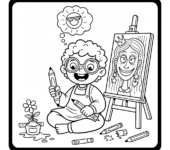 Dziecko rysujące portret swojej mamy, kolorowanka dla dzieci, czarne kontury, białe tło.