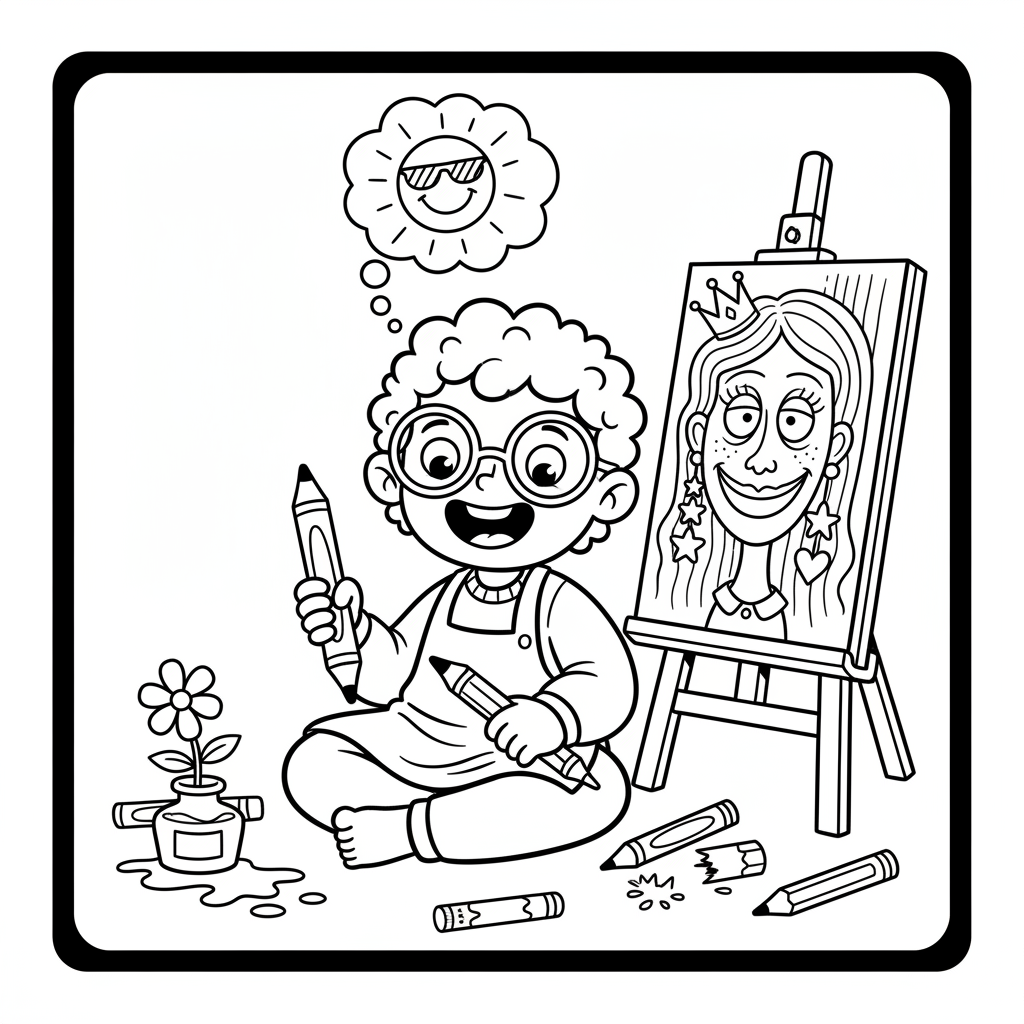 Dziecko rysujące portret swojej mamy, kolorowanka dla dzieci, czarne kontury, białe tło.