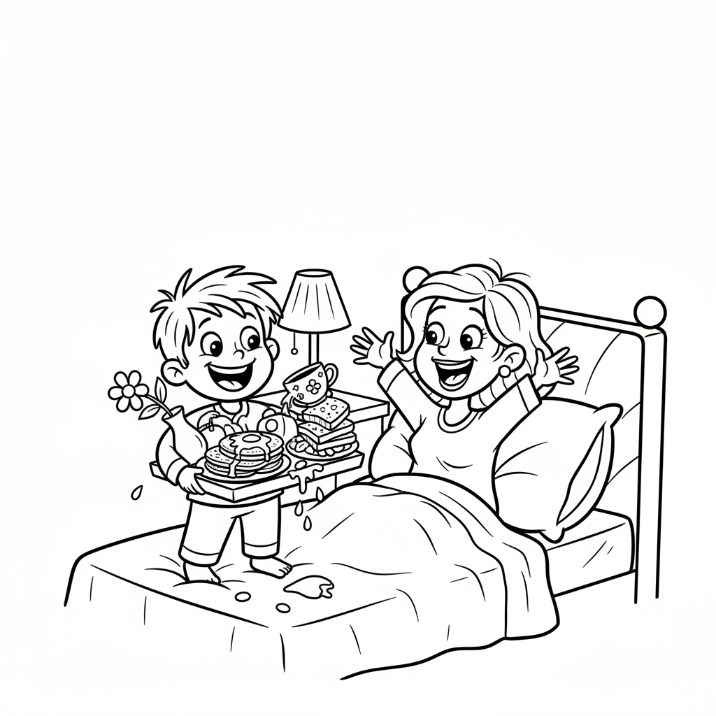 Dziecko podające śniadanie do łóżka swojej zaskoczonej i szczęśliwej mamie, kolorowanka dla dzieci, czarne kontury,...