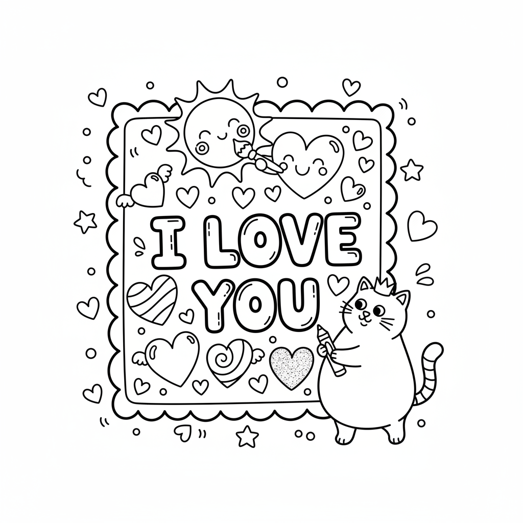 Ręcznie wykonana kartka dla Mamy, z sercami i napisem "Kocham Cię", kolorowanka dla dzieci, czarne kontury, białe tło.