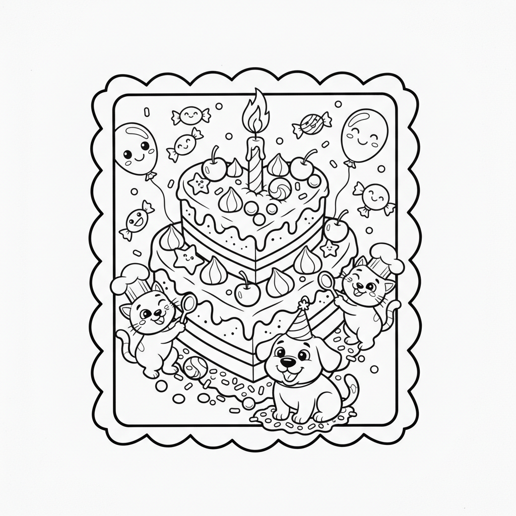 Piękna kartka z obrazkiem tortu w kształcie serca, kolorowanka dla dzieci, czarne kontury, białe tło.