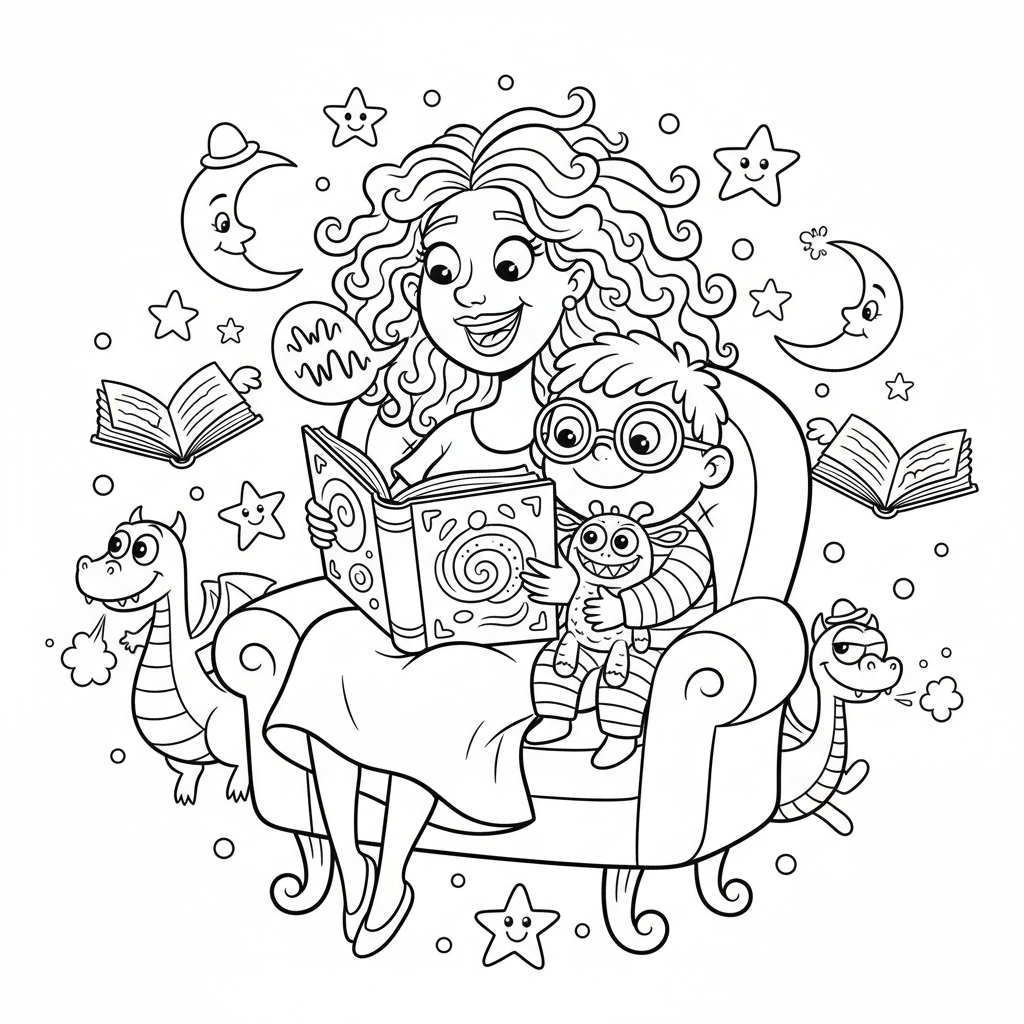 Mama czytająca bajkę dziecku, które jest przytulone obok niej, kolorowanka dla dzieci, czarne kontury, białe tło.