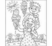 Matka i dziecko razem jedzące lody, kolorowanka dla dzieci, czarne kontury, białe tło.