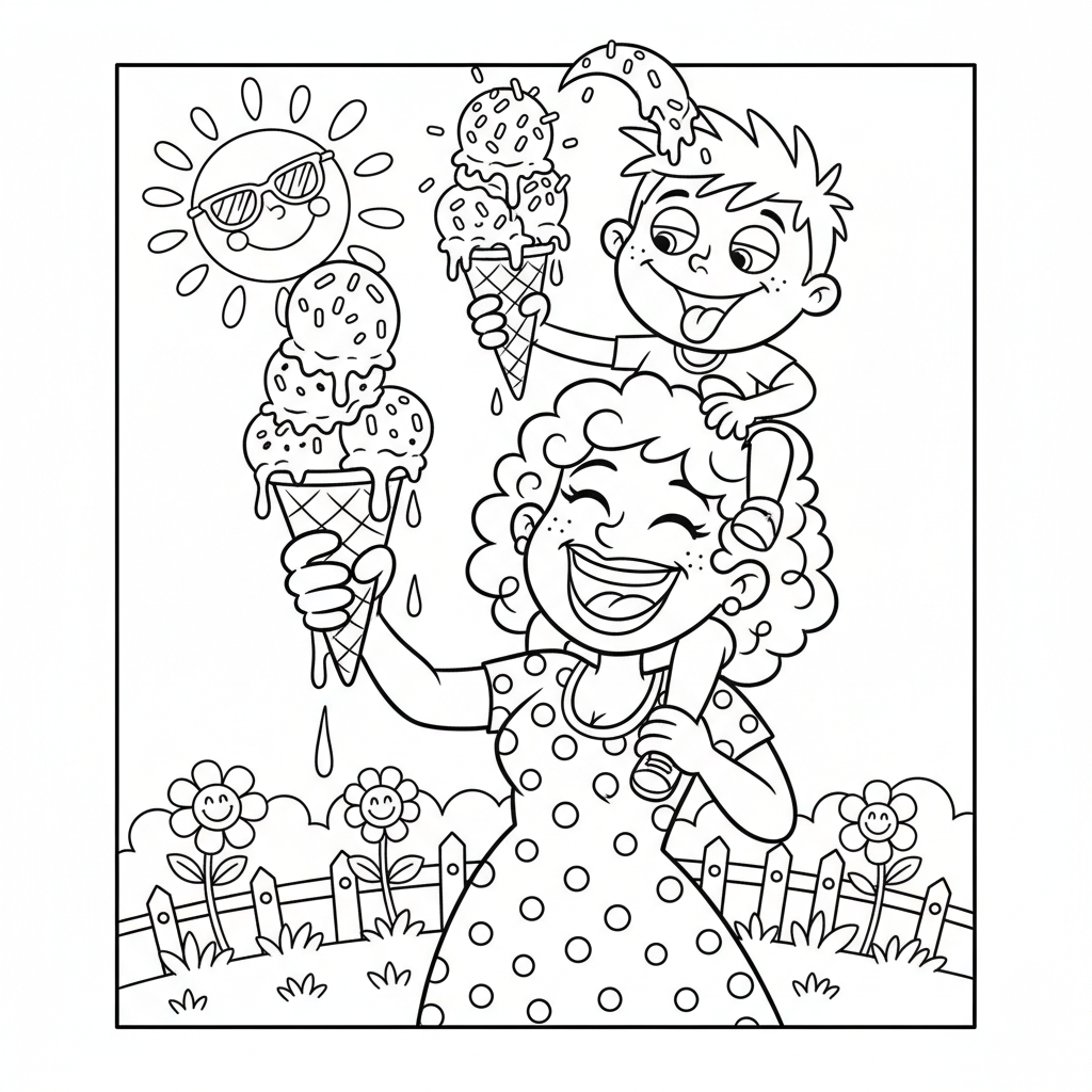 Matka i dziecko razem jedzące lody, kolorowanka dla dzieci, czarne kontury, białe tło.