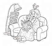 Przytulna scena z mamą i dzieckiem wtulonymi na kanapie, czytającymi razem książkę, kolorowanka dla dzieci, czarne ko...