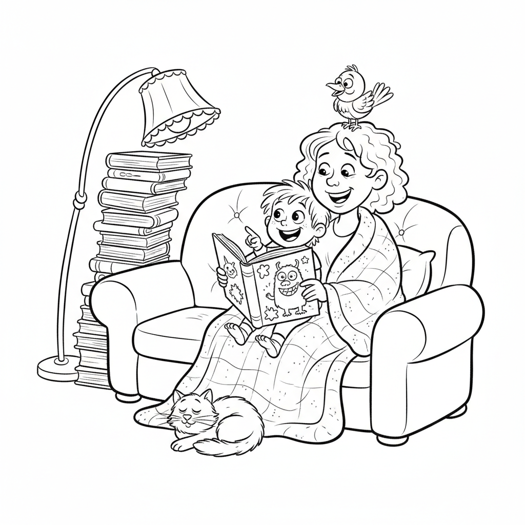 Przytulna scena z mamą i dzieckiem wtulonymi na kanapie, czytającymi razem książkę, kolorowanka dla dzieci, czarne ko...