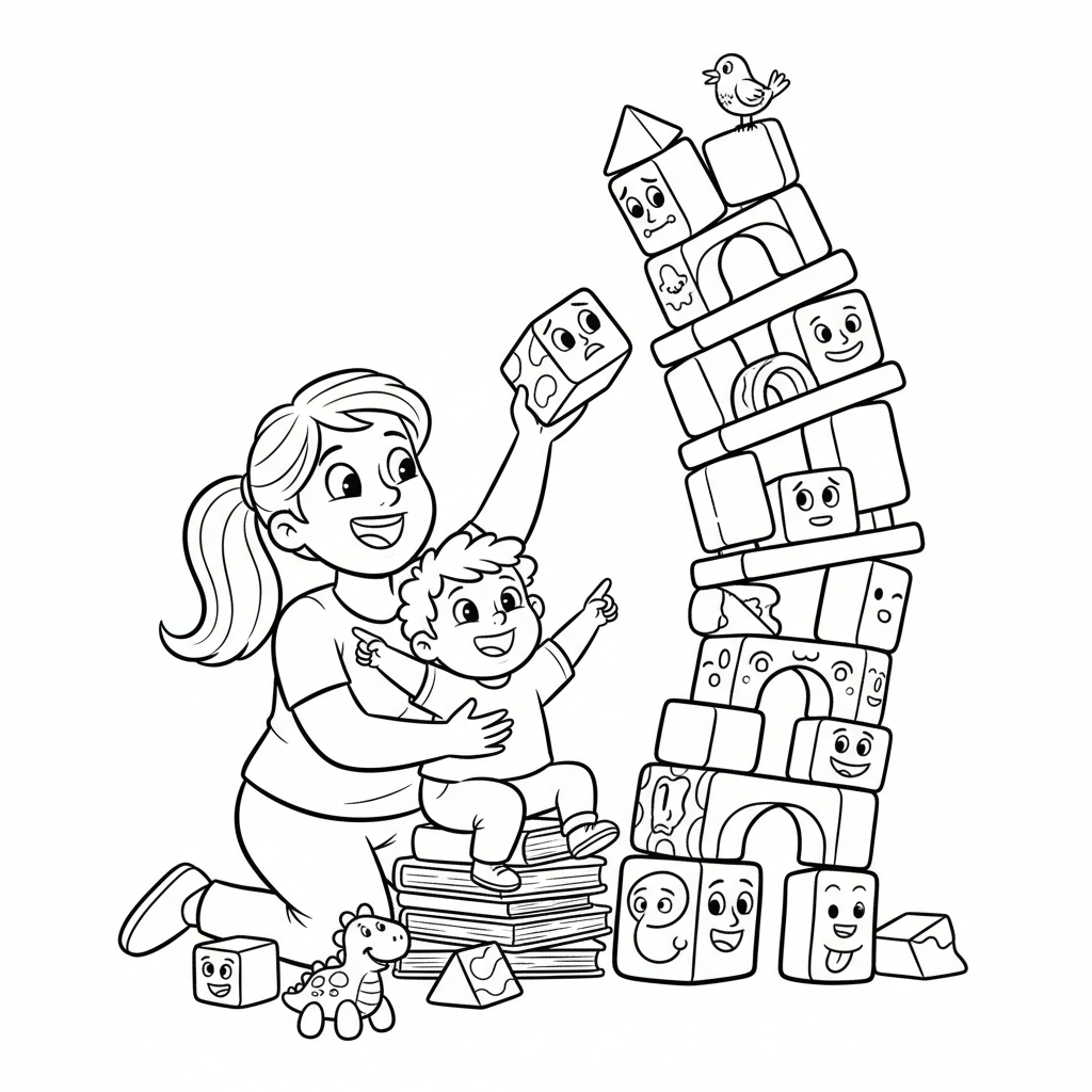 Matka i dziecko bawiące się klockami, budujące wysoką wieżę, kolorowanka dla dzieci, czarne kontury, białe tło.