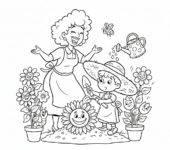 Matka i dziecko sadzące razem kwiaty w ogrodzie, kolorowanka dla dzieci, czarne kontury, białe tło.