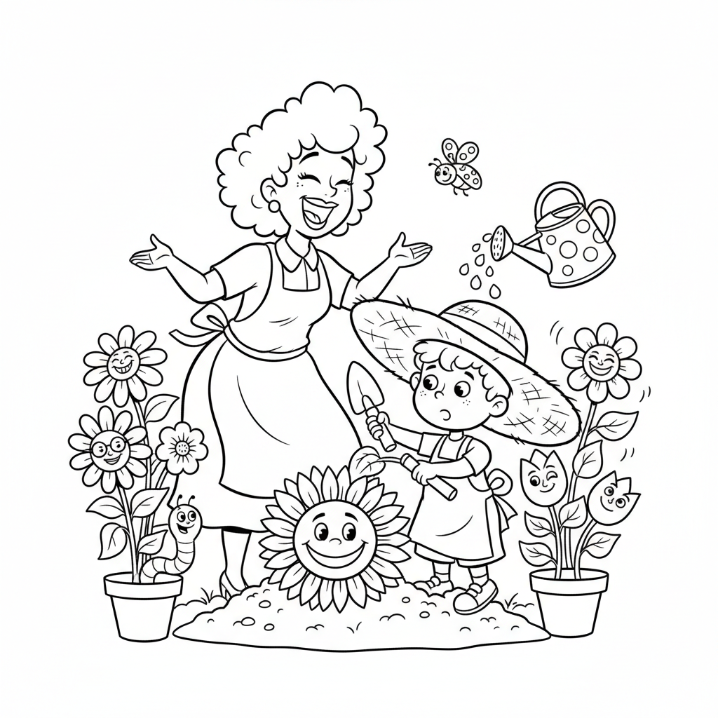 Matka i dziecko sadzące razem kwiaty w ogrodzie, kolorowanka dla dzieci, czarne kontury, białe tło.