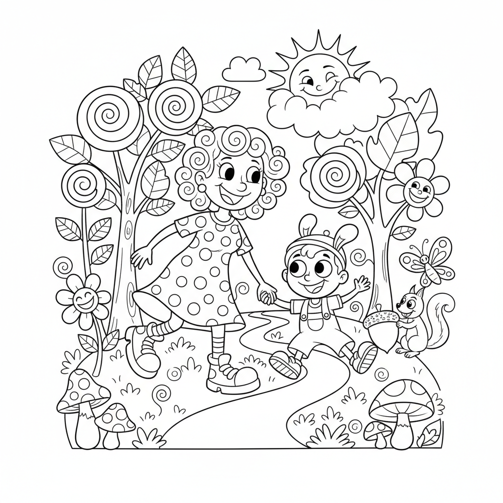 Matka i dziecko trzymające się za ręce i spacerujące po parku, otoczone drzewami i kwiatami, kolorowanka dla dzieci, c...