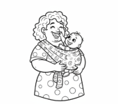 Mama niosąca dziecko w chuście, z kochającym wyrazem twarzy, kolorowanka dla dzieci, czarne kontury, białe tło.