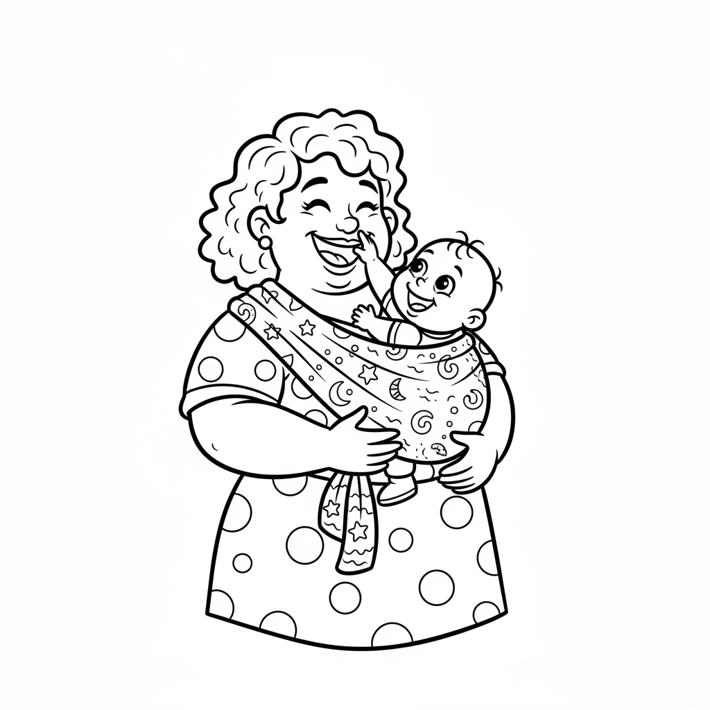 Mama niosąca dziecko w chuście, z kochającym wyrazem twarzy, kolorowanka dla dzieci, czarne kontury, białe tło.