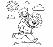 Mama niosąca dziecko na barana, oboje śmiejący się, kolorowanka dla dzieci, czarne kontury, białe tło.