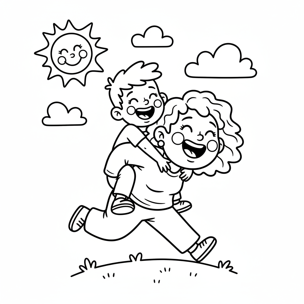 Mama niosąca dziecko na barana, oboje śmiejący się, kolorowanka dla dzieci, czarne kontury, białe tło.