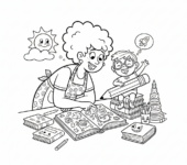 Mama pomagająca dziecku w odrabianiu lekcji, okazująca wsparcie i wskazówki, kolorowanka dla dzieci, czarne kontury, bi...