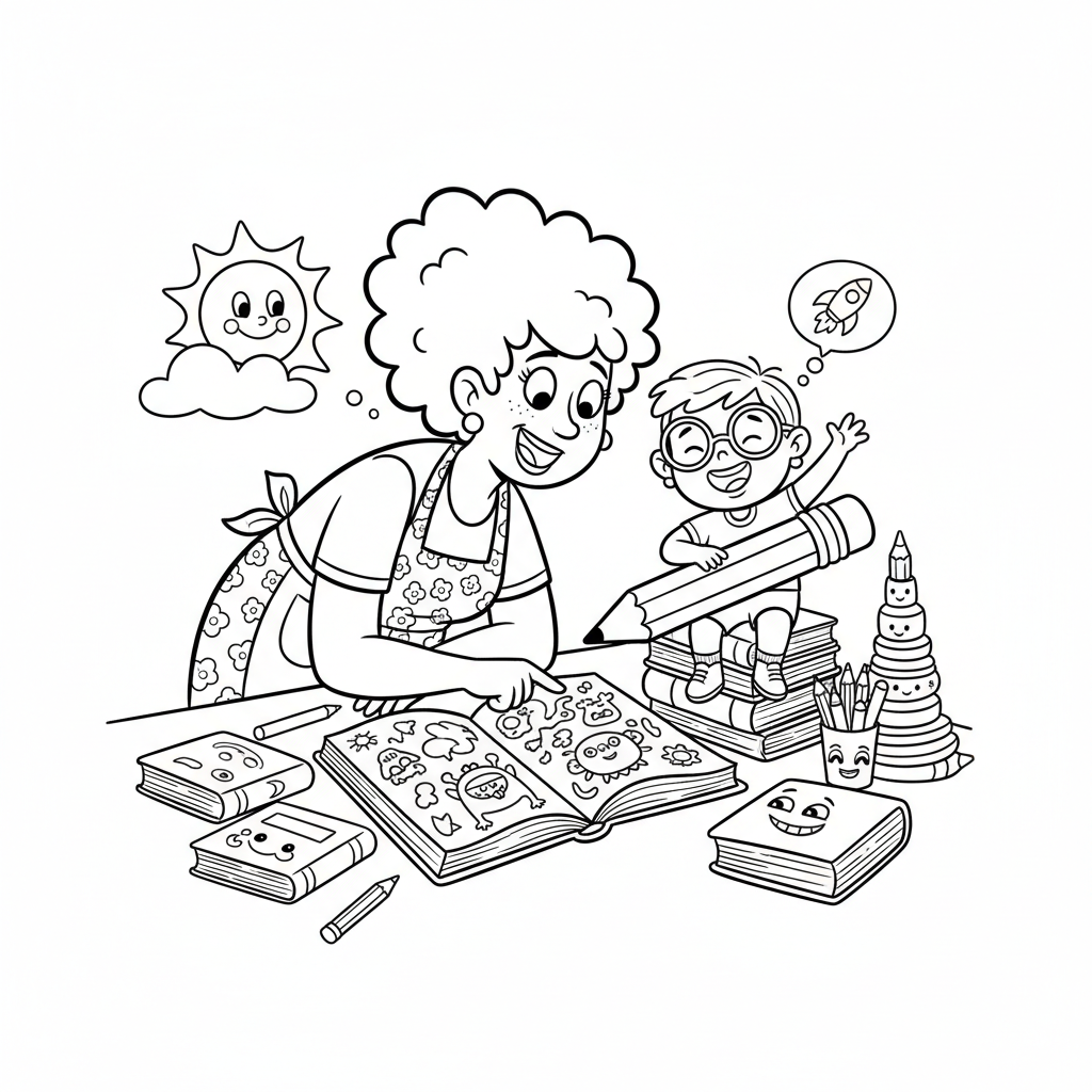 Mama pomagająca dziecku w odrabianiu lekcji, okazująca wsparcie i wskazówki, kolorowanka dla dzieci, czarne kontury, bi...