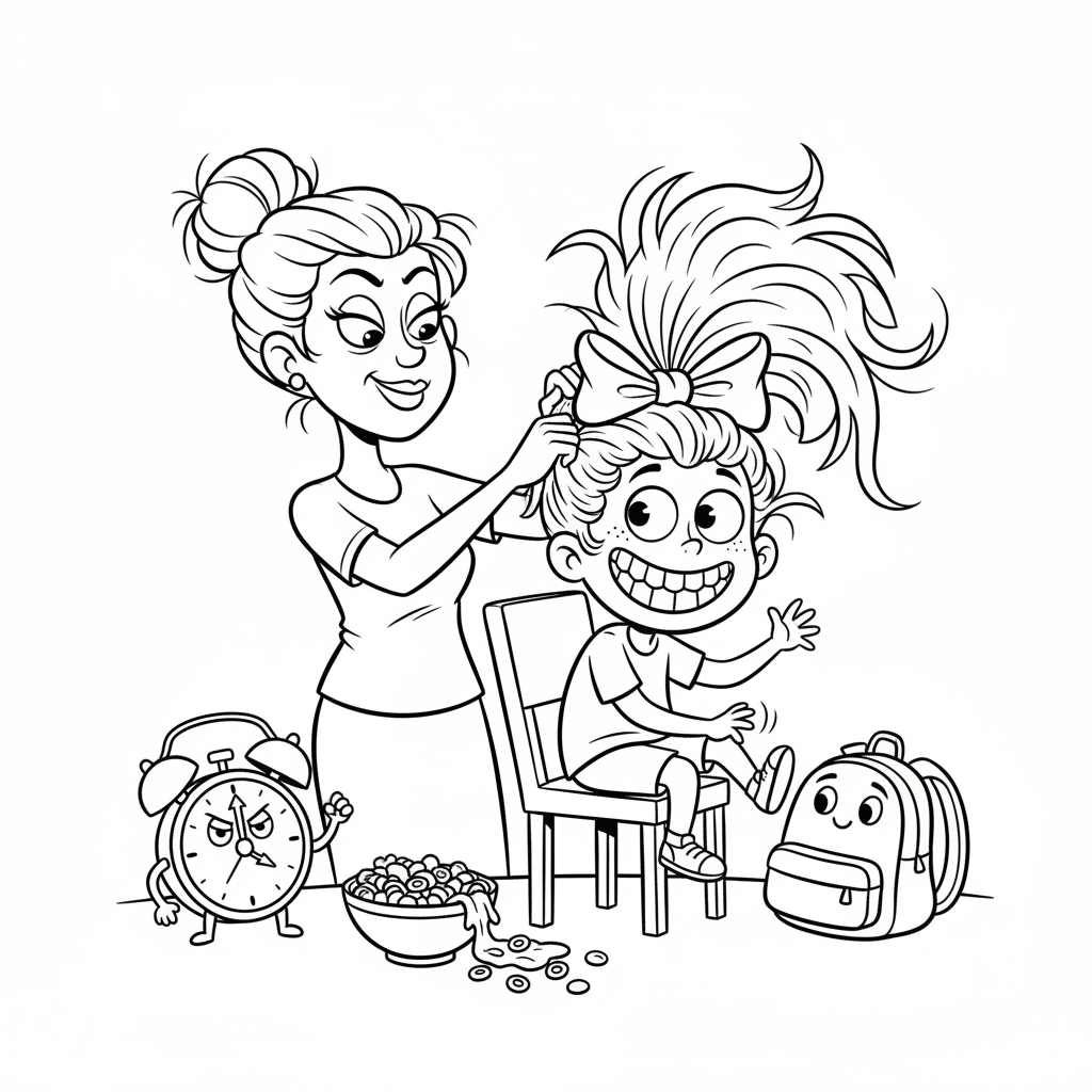 Mama wiążąca włosy dziecku, przygotowująca je do szkoły, kolorowanka dla dzieci, czarne kontury, białe tło.