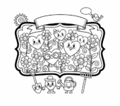 Ozdobna ramka z napisem "Wesołego Dnia Matki", otoczona sercami i kwiatami, kolorowanka dla dzieci, czarne kontury, biał...