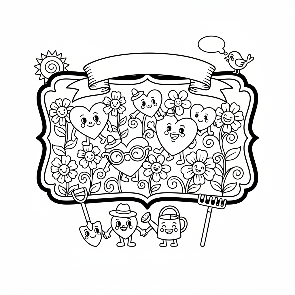 Ozdobna ramka z napisem "Wesołego Dnia Matki", otoczona sercami i kwiatami, kolorowanka dla dzieci, czarne kontury, biał...