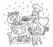 Szczęśliwa rodzina (matka, ojciec, dziecko) świętująca Dzień Matki razem, kolorowanka dla dzieci, czarne kontury, bi...