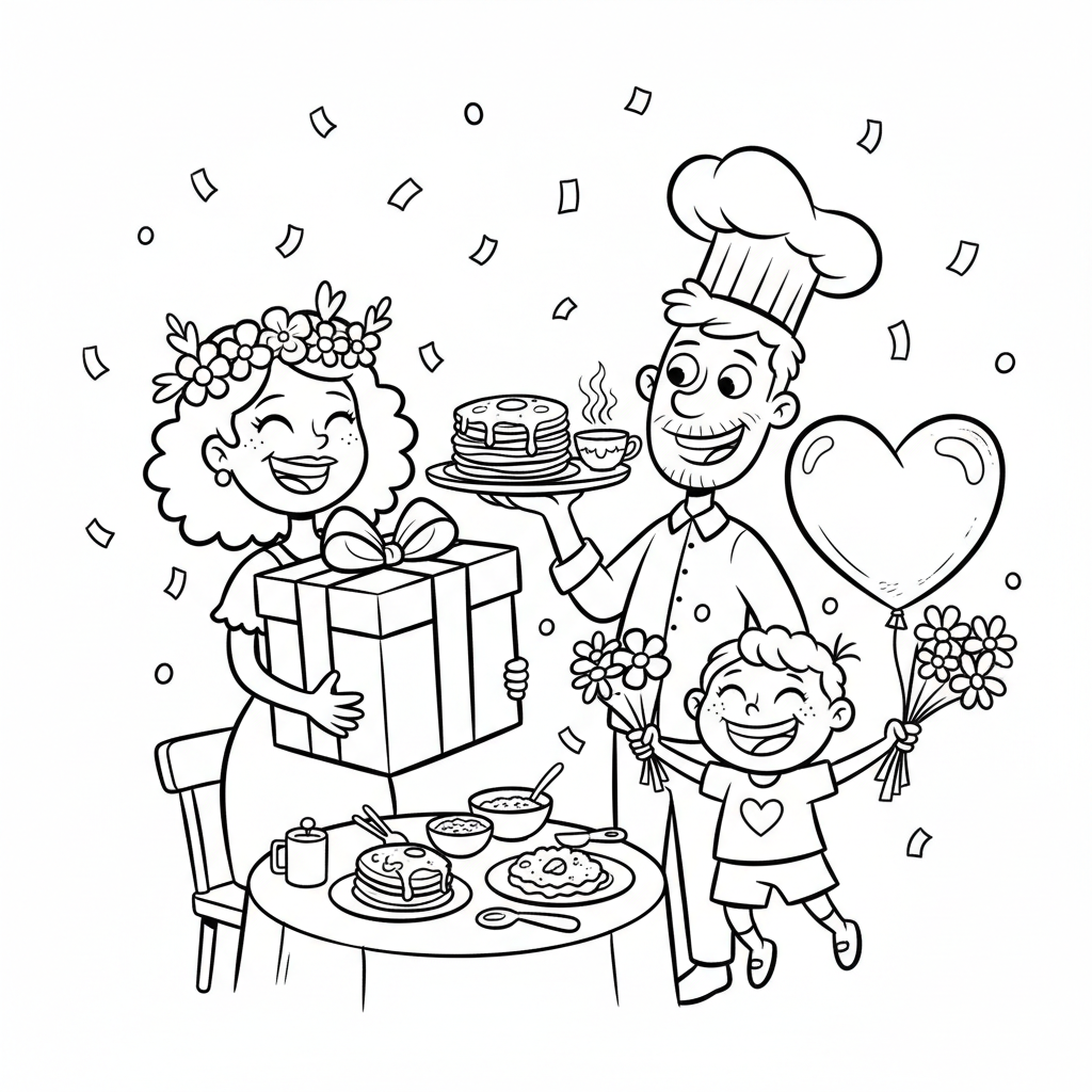 Szczęśliwa rodzina (matka, ojciec, dziecko) świętująca Dzień Matki razem, kolorowanka dla dzieci, czarne kontury, bi...