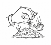 Dłoń trzymająca małą sadzonkę, gotową do posadzenia w żyznej glebie, kolorowanka dla dzieci, czarne kontury, biał...