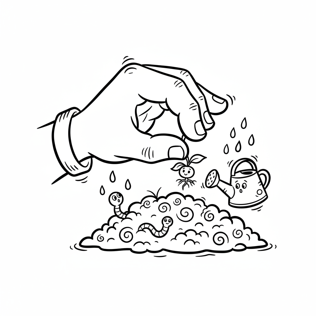 Dłoń trzymająca małą sadzonkę, gotową do posadzenia w żyznej glebie, kolorowanka dla dzieci, czarne kontury, biał...