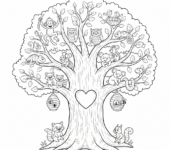 Duże drzewo z sercem wyciętym w pniu, z różnorodnymi zwierzętami mieszkającymi w jego gałęziach, kolorowanka dla d...