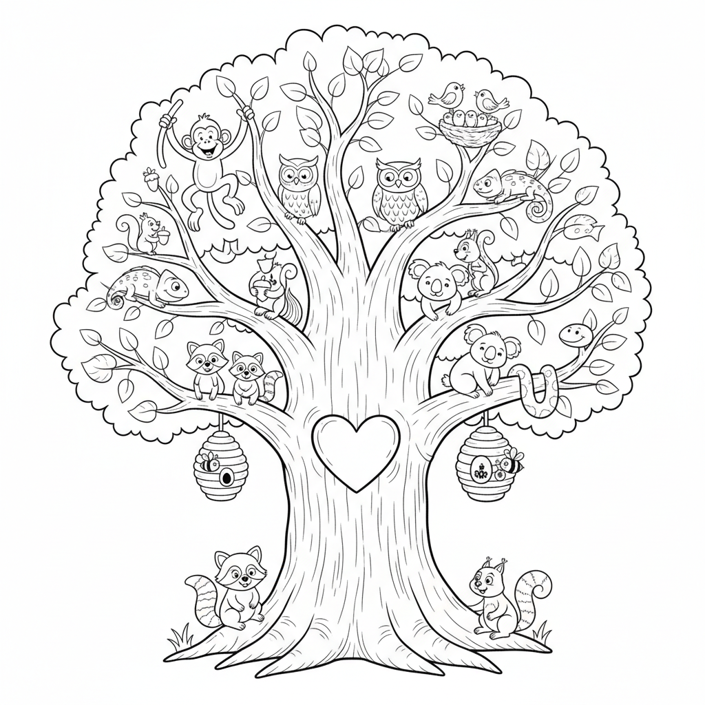 Duże drzewo z sercem wyciętym w pniu, z różnorodnymi zwierzętami mieszkającymi w jego gałęziach, kolorowanka dla d...