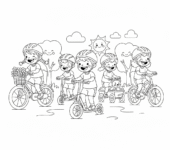 Wesoła grupa dzieci jeżdżących na rowerach i hulajnogach, promująca ekologiczny transport, kolorowanka dla dzieci, cz...