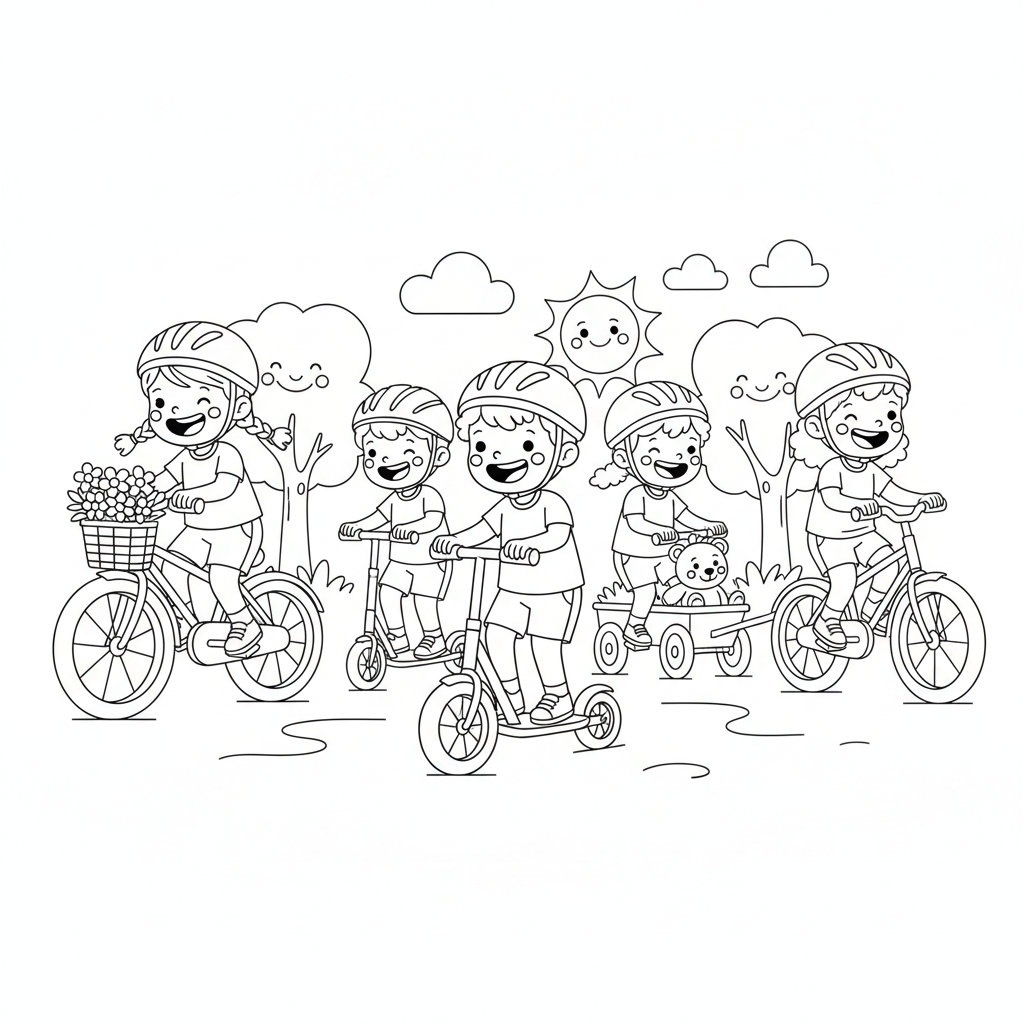 Wesoła grupa dzieci jeżdżących na rowerach i hulajnogach, promująca ekologiczny transport, kolorowanka dla dzieci, cz...