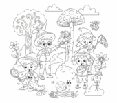 Grupa dzieci na spacerze przyrodniczym, obserwujących rośliny i owady lupami, kolorowanka dla dzieci, czarne kontury, bi...