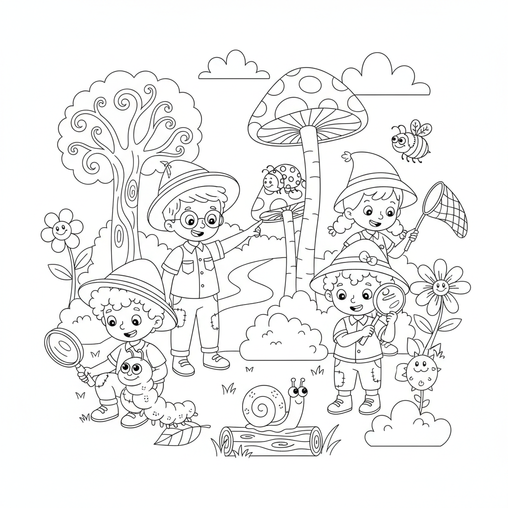 Grupa dzieci na spacerze przyrodniczym, obserwujących rośliny i owady lupami, kolorowanka dla dzieci, czarne kontury, bi...