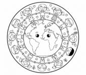 Dzieci trzymające się za ręce wokół Ziemi, symbolizujące jedność i troskę o planetę, kolorowanka dla dzieci, cza...