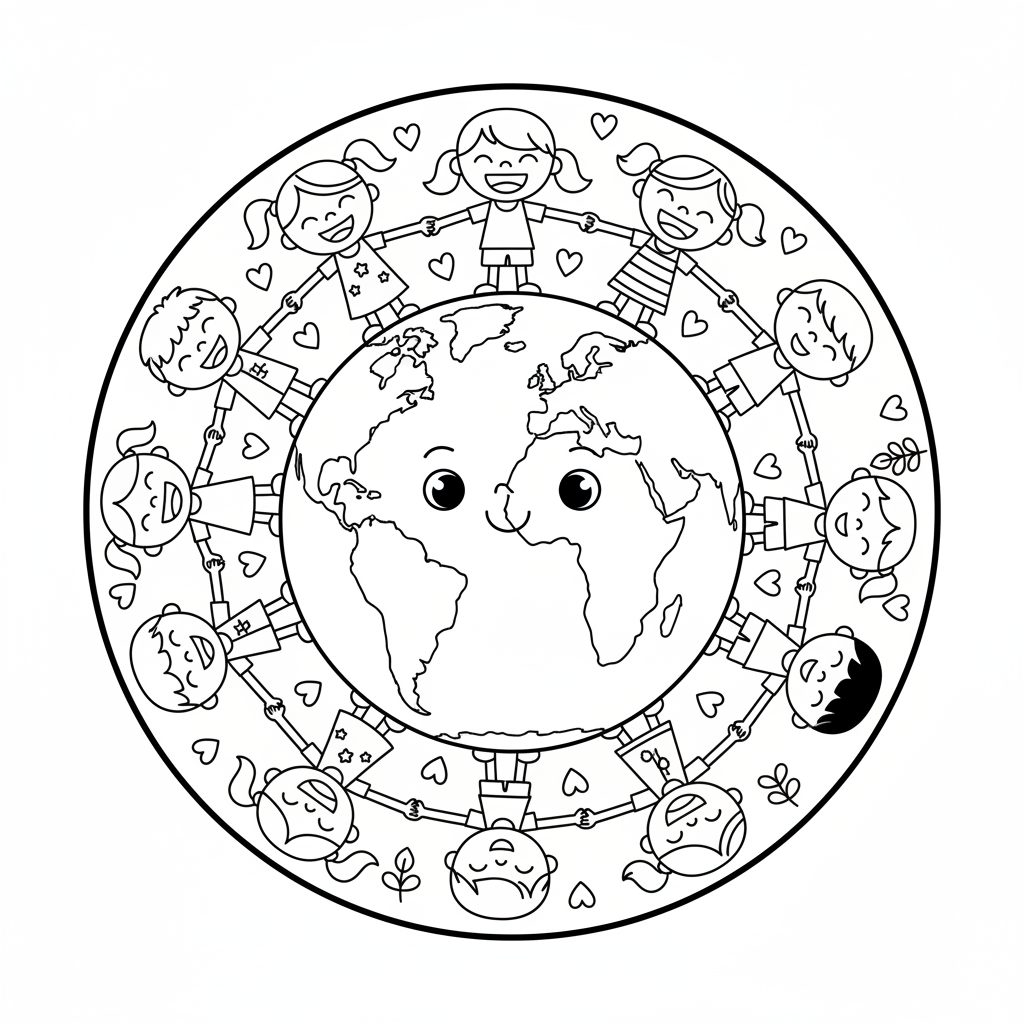Dzieci trzymające się za ręce wokół Ziemi, symbolizujące jedność i troskę o planetę, kolorowanka dla dzieci, cza...