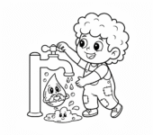 Dziecko zakręcające kran, aby oszczędzać wodę, z kroplą wody wyglądającą na wdzięczną, kolorowanka dla dzieci, ...