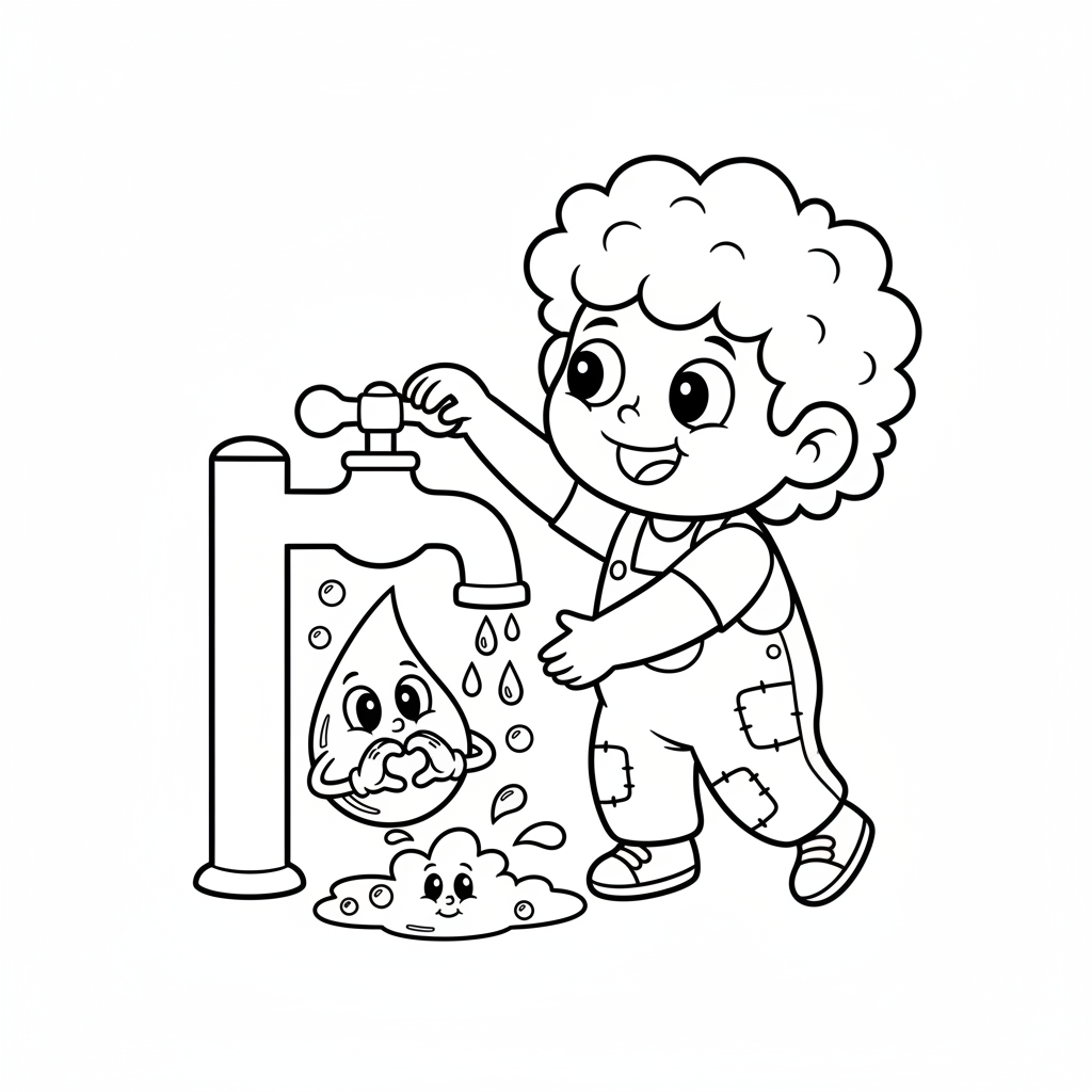Dziecko zakręcające kran, aby oszczędzać wodę, z kroplą wody wyglądającą na wdzięczną, kolorowanka dla dzieci, ...