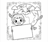 Dziecko trzymające znak z napisem "Ratuj Ziemię", z uśmiechniętą planetą w tle, kolorowanka dla dzieci, czarne kontu...